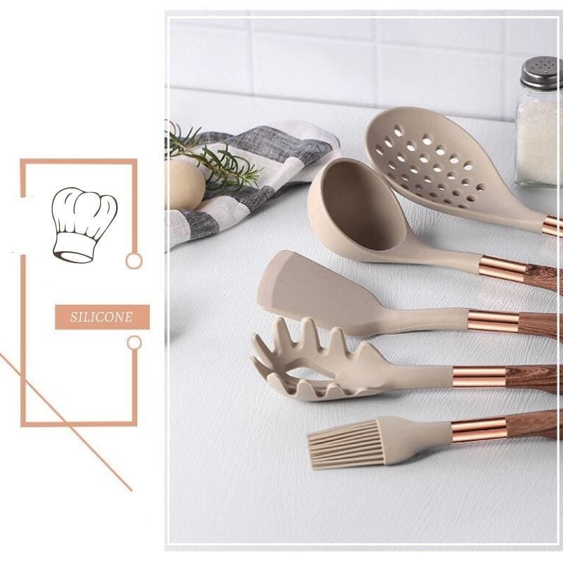 Kit Utensílios de Cozinha Silicone 10 Peças Com Organizador Rosé Mahaos