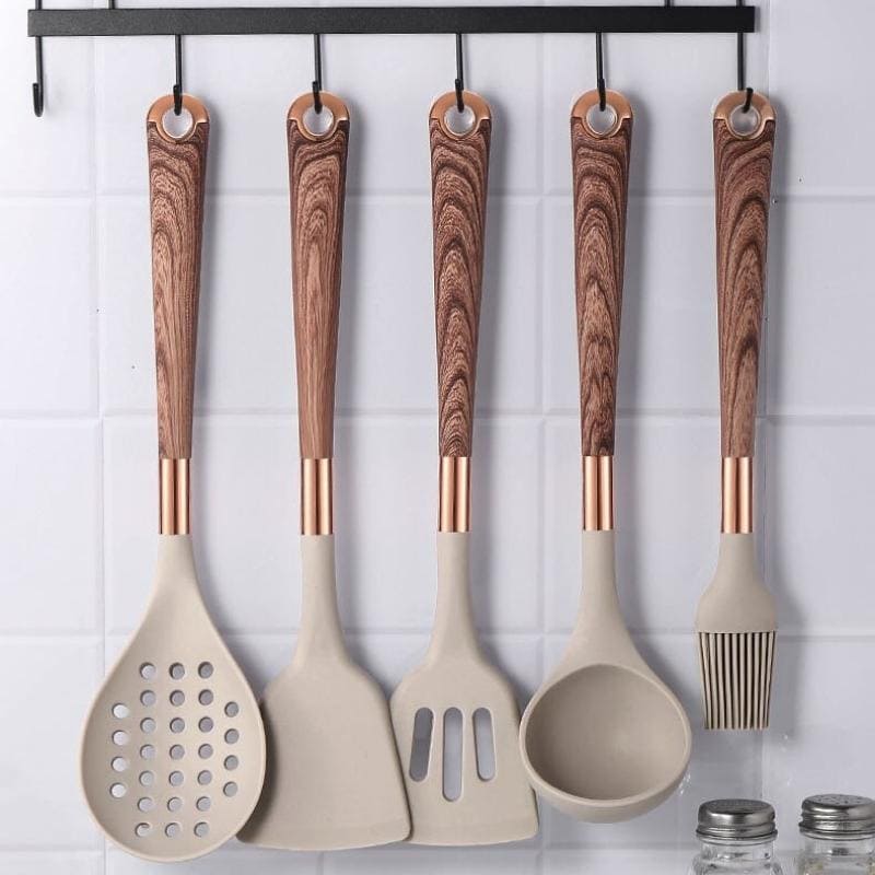 Kit Utensílios de Cozinha Silicone 10 Peças Com Organizador Rosé Mahaos