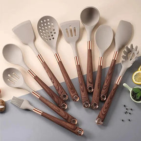 Kit Utensílios de Cozinha Silicone 10 Peças Com Organizador Rosé Mahaos