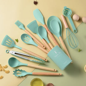 Kit Utensílios de Cozinha 14 Peças Silicone Com Organizador Mahaos