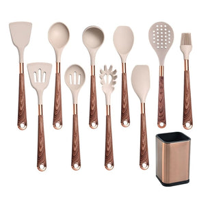 Kit Utensílios de Cozinha Silicone 10 Peças Com Organizador Rosé Mahaos