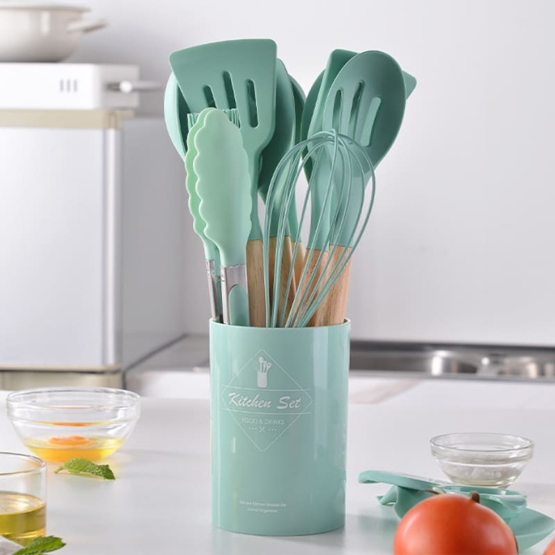 Kit Utensílios de Cozinha 14 Peças Silicone Com Organizador Mahaos