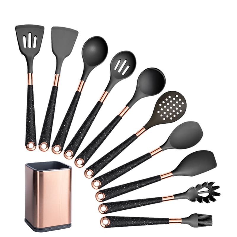 Kit Utensílios de Cozinha Silicone 10 Peças Com Organizador Rosé Mahaos