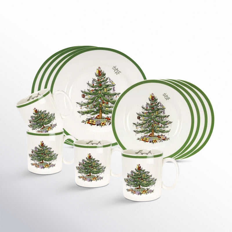 Conjunto Spode Christmas Tree com 12 Peças (4 Pratos de Jantar / 4 Pratos de Sobremesa / 4 Canecas)