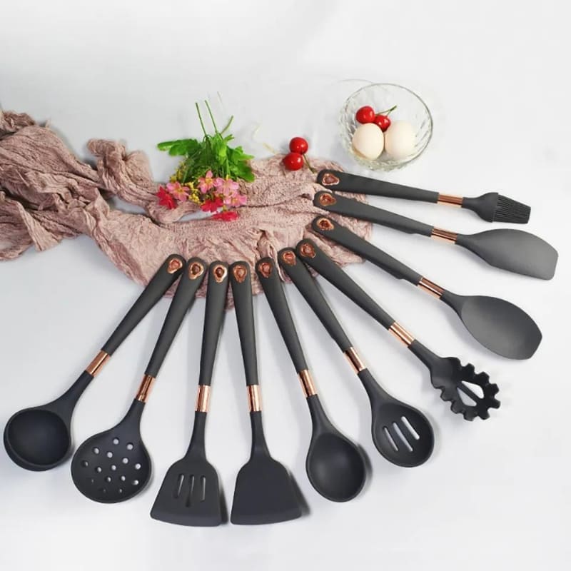 Kit Utensílios de Cozinha Silicone 10 Peças Com Organizador Rosé Mahaos