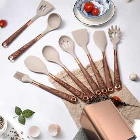 Kit Utensílios de Cozinha Silicone 10 Peças Com Organizador Rosé Mahaos