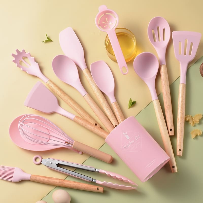 Kit Utensílios de Cozinha 14 Peças Silicone Com Organizador Mahaos