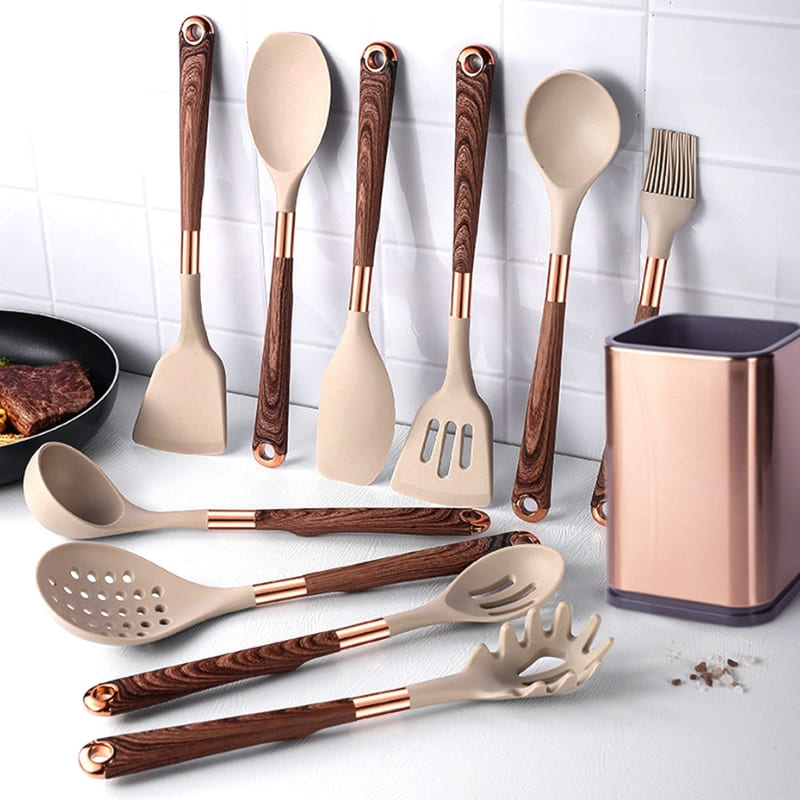 Kit Utensílios de Cozinha Silicone 10 Peças Com Organizador Rosé Mahaos